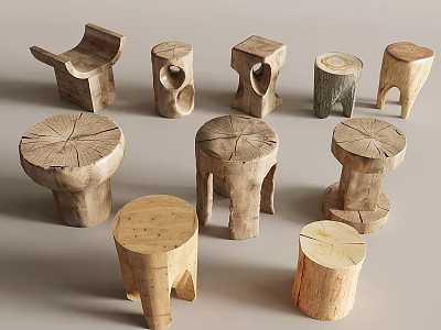 Various Handmade Wooden Stools Featuring Natural Log Designs And Unique Shapes 3d model