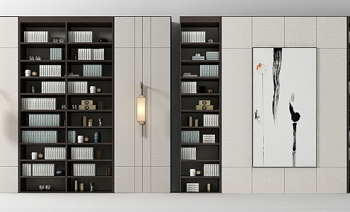 New Chinese bookcase bookshelf background combination 3d model