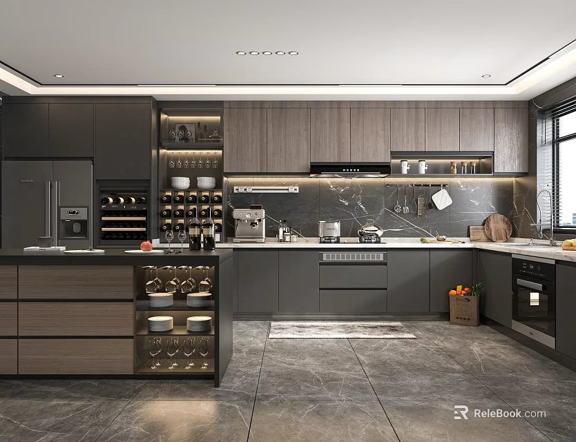 Elegant Modern Kitchen Interior With Marble Island Sleek Cabinets And Appliances 3d model 