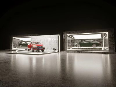 Modern Car Showroom Featuring Red Vehicle On Display Platform And Glass Showcases 3d model