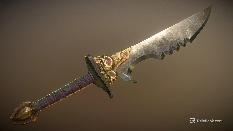 Decorative Serrated Sword With Golden Accents Gemstones And Leather Wrapped Handle 3d model 