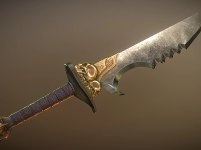 Decorative Serrated Sword With Golden Accents Gemstones And Leather Wrapped Handle 3d model