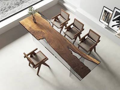 Modern Solid Wood Tea Table and Chairs with Woven Seats and Potted Plant Near Window 3d model