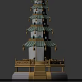 Traditional Chinese Multi Tiered Tower With Green Roof Golden Decoration And Stone Steps