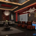 Private Dining Room Interior With Chinese Style Chandeliers Dining Table Sofas And Calligraphy 3d model