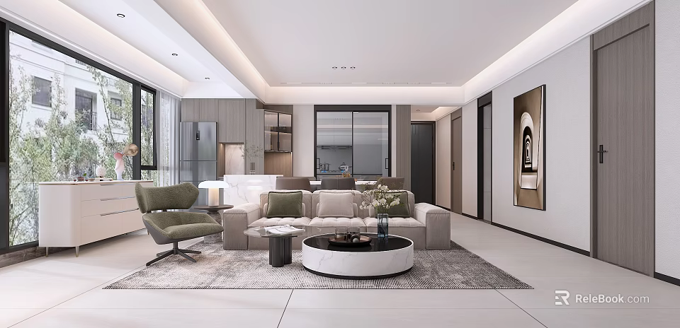 Modern Living and Dining Room Interior With Open Layout Sofa Round Coffee Table And Windows 3d model 