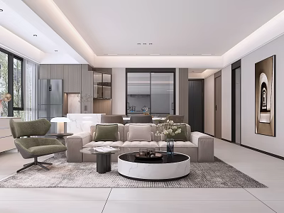 Modern Living and Dining Room Interior With Open Layout Sofa Round Coffee Table And Windows 3d model