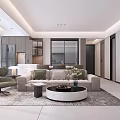 Modern Living and Dining Room Interior With Open Layout Sofa Round Coffee Table And Windows