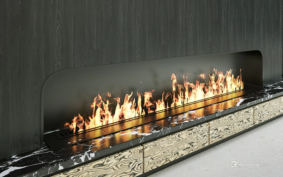 Modern Fireplace Interior With Burning Flames Dark Wooden Wall And Patterned Countertop Cabinets 3d model 