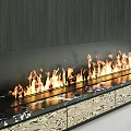 Modern Fireplace Interior With Burning Flames Dark Wooden Wall And Patterned Countertop Cabinets
