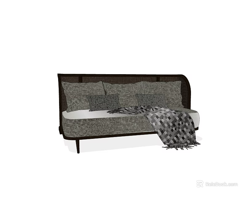 Dark Colored Three Seater Sofa With Grey Cushions And Patterned Throw Blanket 3d model