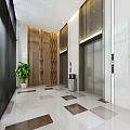 Modern Elevator Lobby With Marble Walls Glass Doors And Ceiling Light Strips 3d model