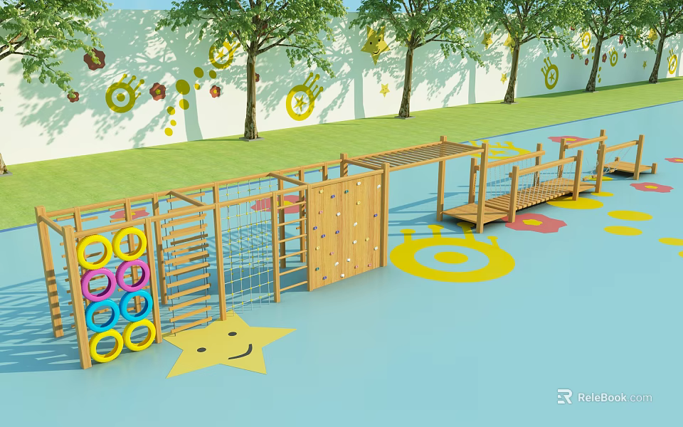Outdoor Playground Equipment With Wooden Climbing Frames Colorful Rings And Balance Beams On Blue Floor 3d model 