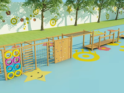 Outdoor Playground Equipment With Wooden Climbing Frames Colorful Rings And Balance Beams On Blue Floor 3d model