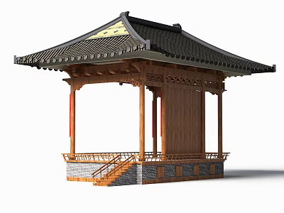 Ancient Pavilion With Black Tiled Roof Wooden Structure Carved Decorations And Stone Steps 3d model