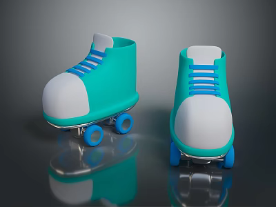 Green Roller Skates With White Toe Blue Laces Blue Wheels On Black Glossy Surface Reflection 3d model