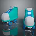 Green Roller Skates With White Toe Blue Laces Blue Wheels On Black Glossy Surface Reflection 3d model