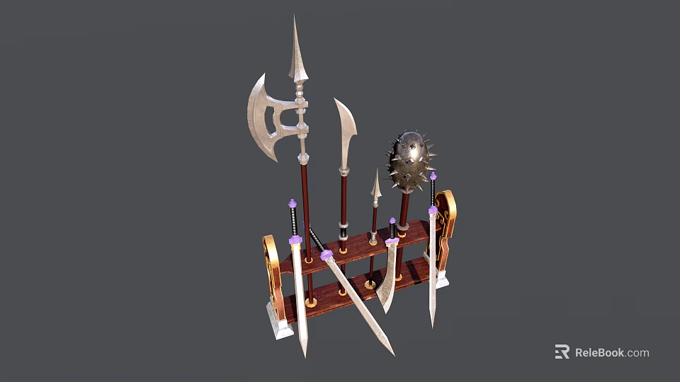 Medieval Weapons Display Stand With Spear Axe Shield And Decorative Swords 3d model