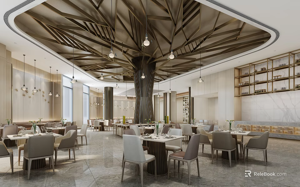 Elegant Modern Restaurant Interior With Wooden Tree-like Ceiling Dining Tables And Pendant Lights 3d model 