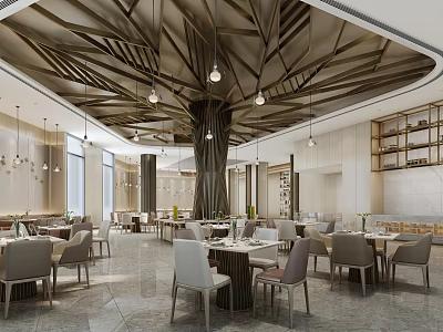 Elegant Modern Restaurant Interior With Wooden Tree-like Ceiling Dining Tables And Pendant Lights 3d model