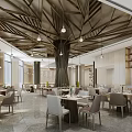 Elegant Modern Restaurant Interior With Wooden Tree-like Ceiling Dining Tables And Pendant Lights