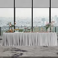 Elegant Buffet Table With White Tablecloth Flowers Drinks And City View Through Windows 3d model