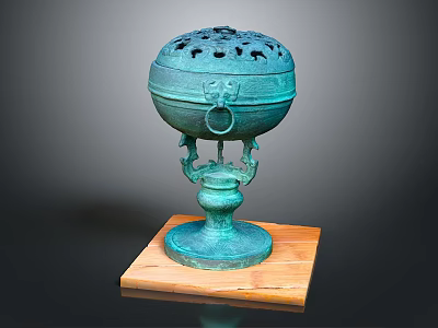 Bronze Decorative Ornament Set with Lid Ring Handles and Wooden Base Display Piece 3d model