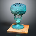 Bronze Decorative Ornament Set with Lid Ring Handles and Wooden Base Display Piece