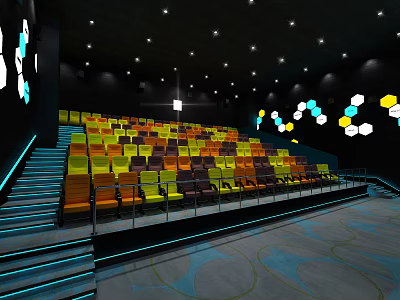 Modern Cinema Hall Interior With Colorful Seats And Ambient Lighting 3d model