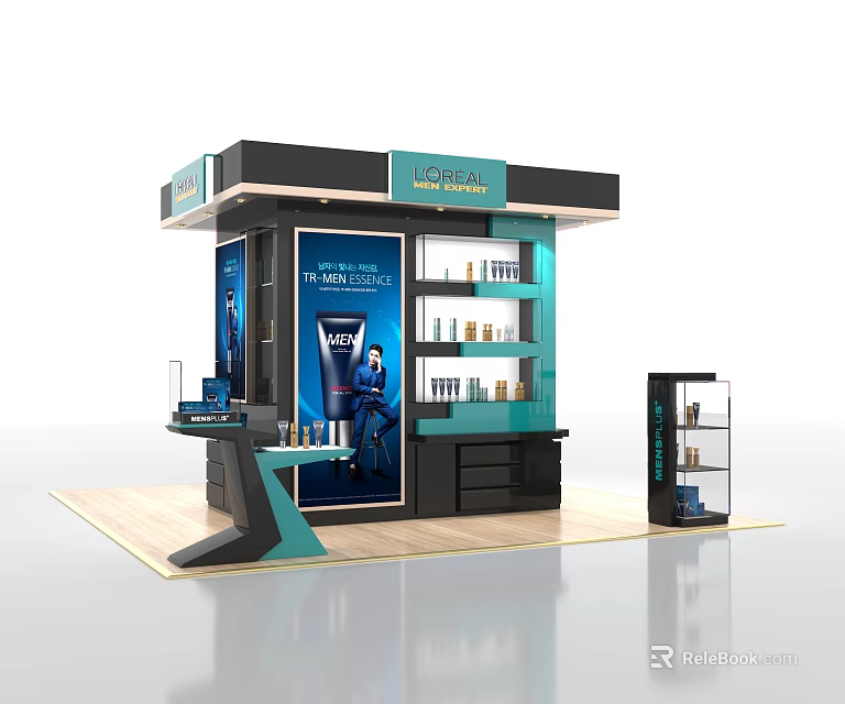 LUXE NOVA Mall Counter Featuring Modern Design Display Shelves Cosmetics Products And Large Billboard 3d model 