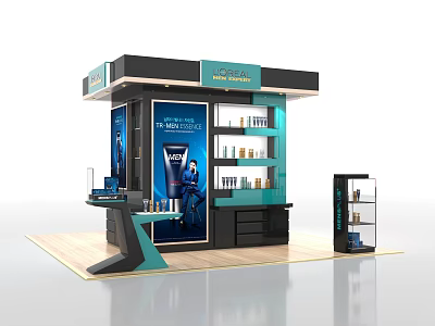 LUXE NOVA Mall Counter Featuring Modern Design Display Shelves Cosmetics Products And Large Billboard 3d model