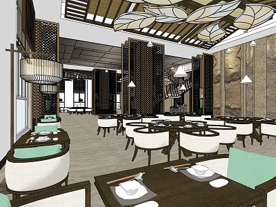 Chinese Style Restaurant Interior Design With Lattice Partitions Pendant Lights And Dining Tableware 3d model