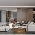 Modern Living and Dining Room Interior With Stone TV Wall Mountain Artwork And Brown Sofa