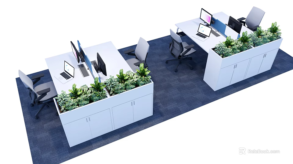 Modern Open Office Workspace With Desks Chairs And Green Plants 3d model 