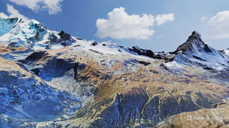 Breathtaking Mountain Landscape With Snow Covered Peaks Blue Sky And White Clouds Scenic View 3d model 
