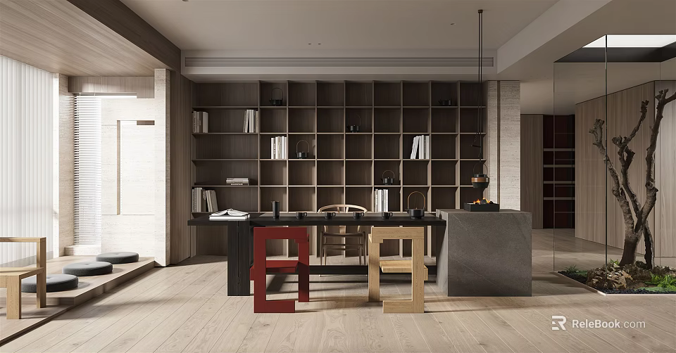 Modern Open Concept Tea Room Interior Design With Wooden Shelves And Chairs 3d model 