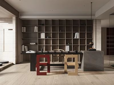 Modern Open Concept Tea Room Interior Design With Wooden Shelves And Chairs 3d model
