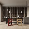 Modern Open Concept Tea Room Interior Design With Wooden Shelves And Chairs
