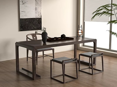 Modern Minimalist Wooden Tea Table And Chairs With Tea Set In Bright Room 3d model