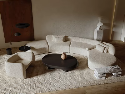 Minimalist Beige Curved Sofa And Black Round Coffee Table Set With Armchair And Decorative Item 3d model