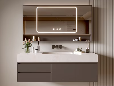 Modern Bathroom Vanity With Lighted Mirror Marble Countertop Sink And Storage Drawers 3d model