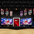 Esports Exhibition Booth with Large Screens Stage and Hanging Banners