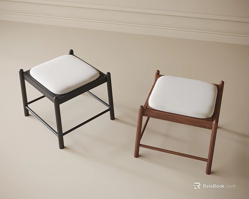 Two Modern Style Stools Featuring Black And Brown Frames With White Upholstered Seats 3d model 