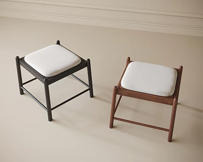 Two Modern Style Stools Featuring Black And Brown Frames With White Upholstered Seats 3d model