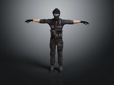 Tactical Character Model Wearing Black Military Gear With Helmet Mask And Extended Arms 3d model