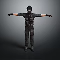 Tactical Character Model Wearing Black Military Gear With Helmet Mask And Extended Arms