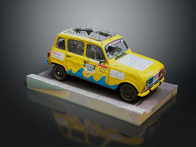 Yellow Model Car With Colorful Decals Roof Rack And Transparent Display Base 3d model