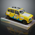 Yellow Model Car With Colorful Decals Roof Rack And Transparent Display Base