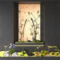 Indoor Landscape With Dark Wooden Walls Light Marble Niche Dried Branches Green Moss And Plants