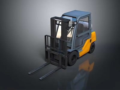 Yellow And Blue Industrial Forklift With Cab And Front Forks Design 3d model